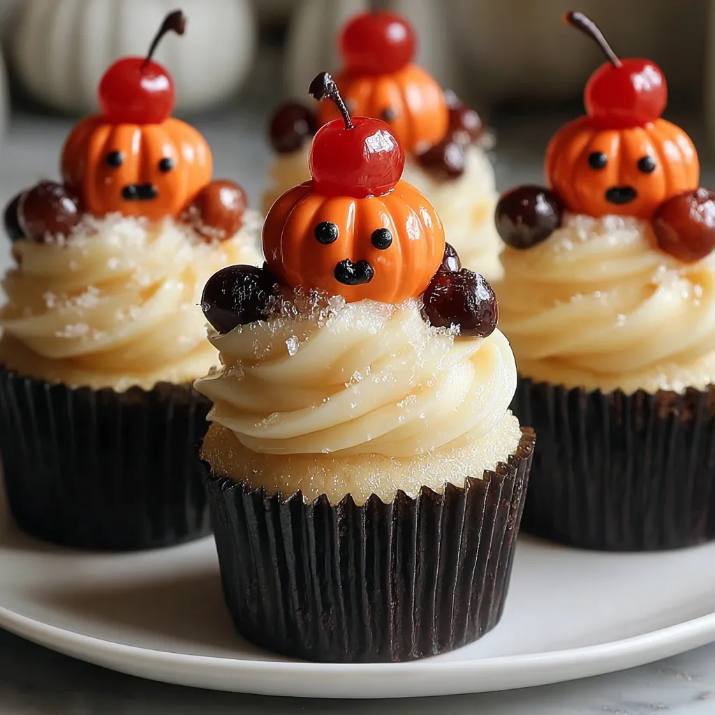 Finished lemon cupcakes with buttercream and cherry pumpkin toppers on a fall-themed table