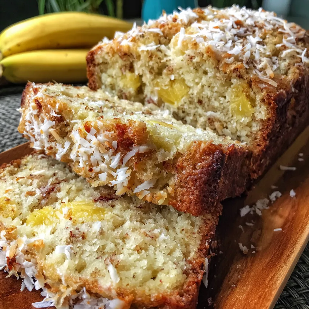 Sliced tropical banana bread with pineapple and coconut