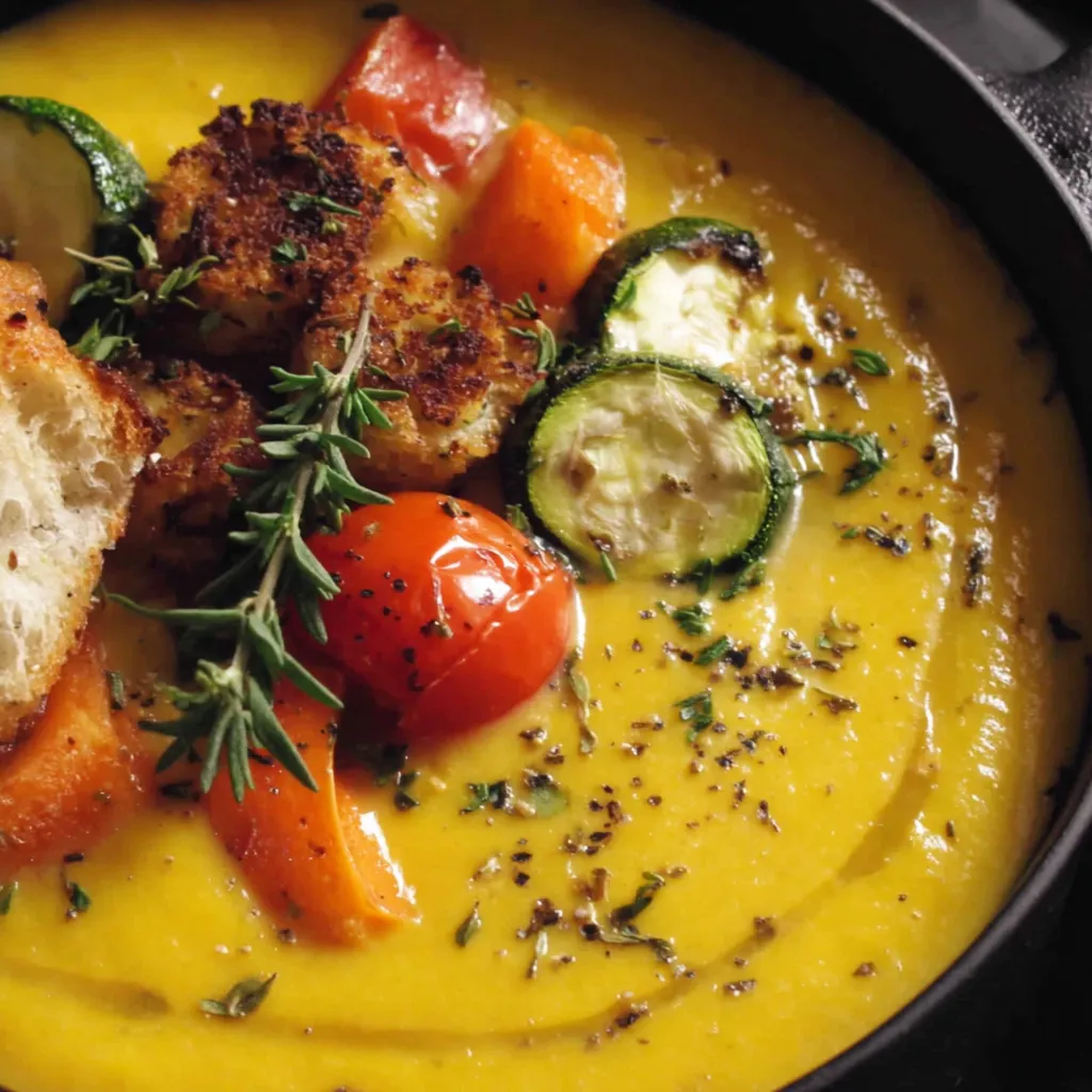 Bowl of creamy roasted vegetable soup with herbs and olive oil drizzle