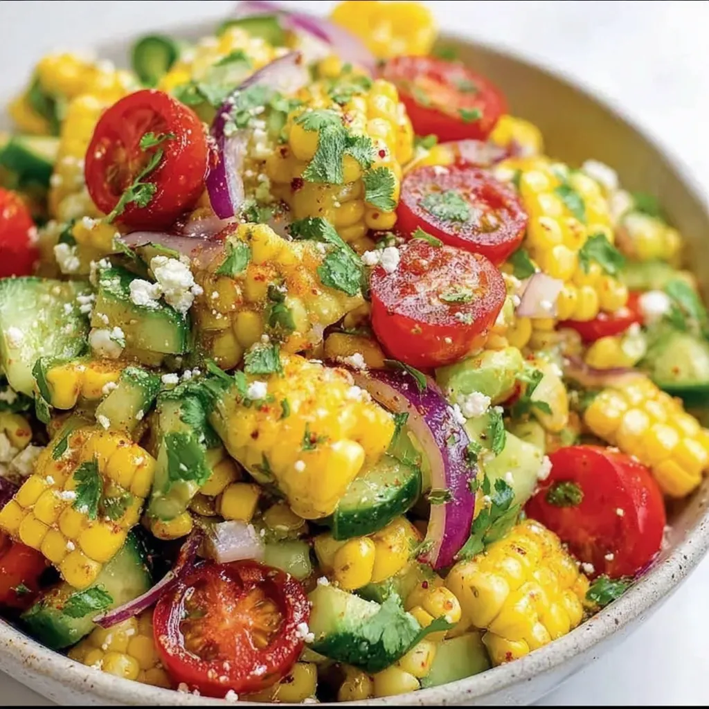 Bowl of corn salad being served at a summer table