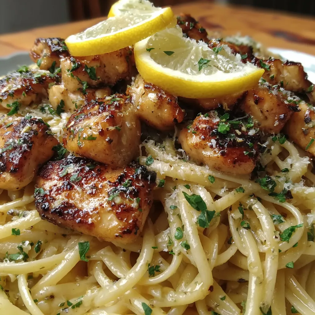 Close-up of lemon chicken tossed with linguine and Parmesan
