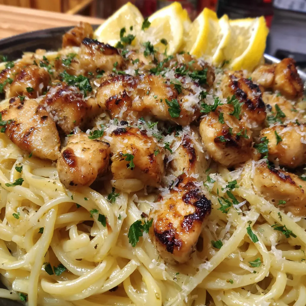 Plated lemon chicken pasta with parsley and lemon slices