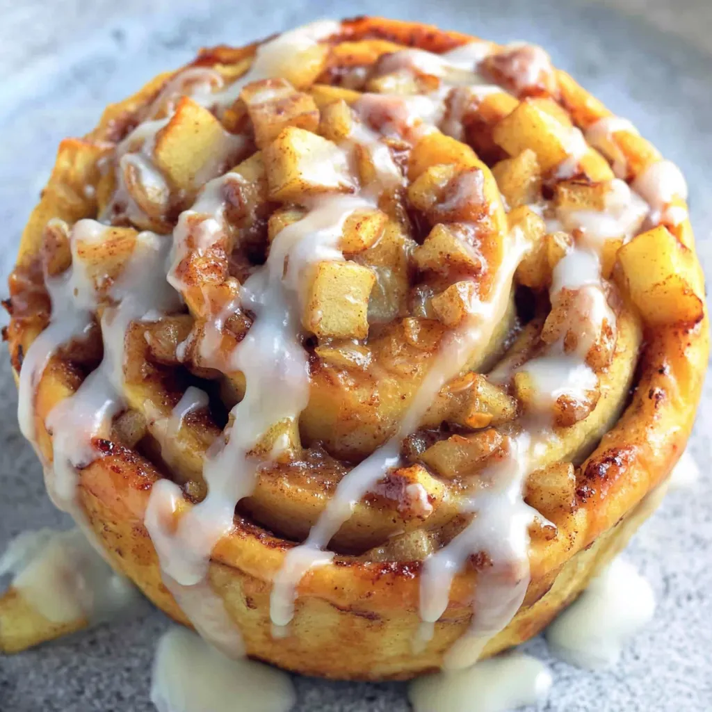 Plated apple pie cinnamon rolls with icing and fresh apple slices