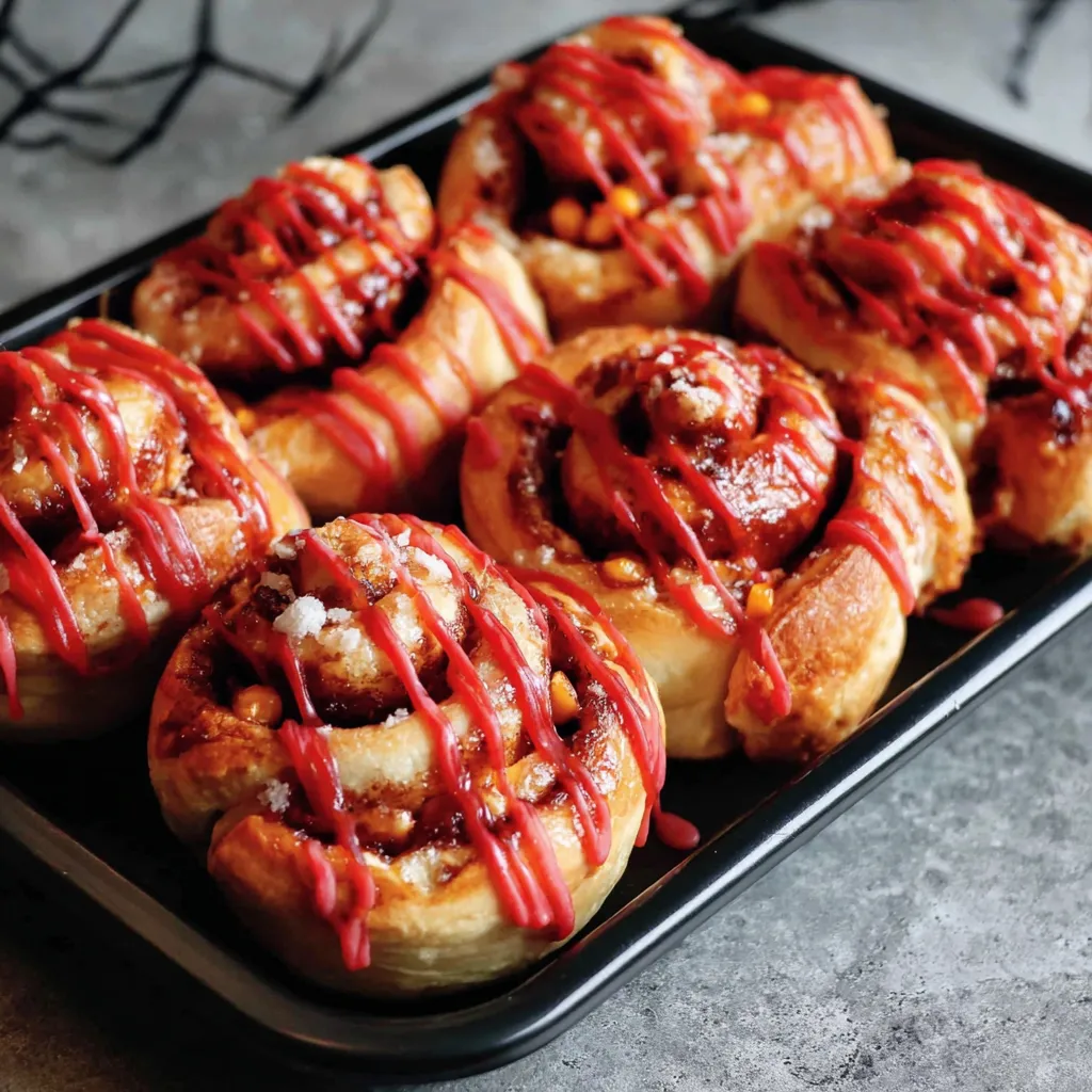 Close-up of twisted cinnamon roll coils with red glaze