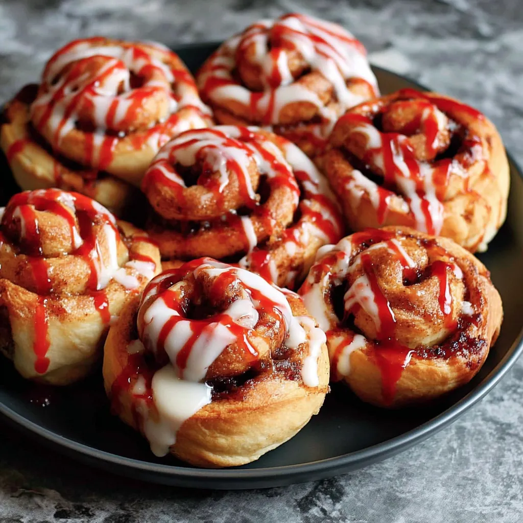 Serving slice of bloody guts cinnamon rolls with extra red drizzle