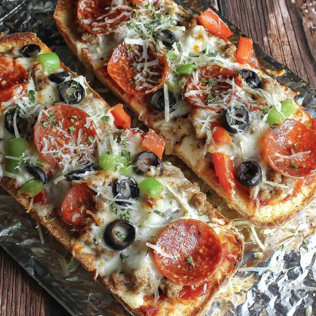 Grilled French bread pizza sliced and ready to serve