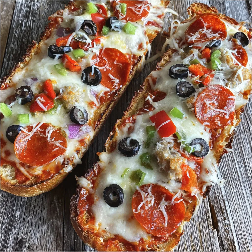 Hands holding a board of grilled French bread pizza halves