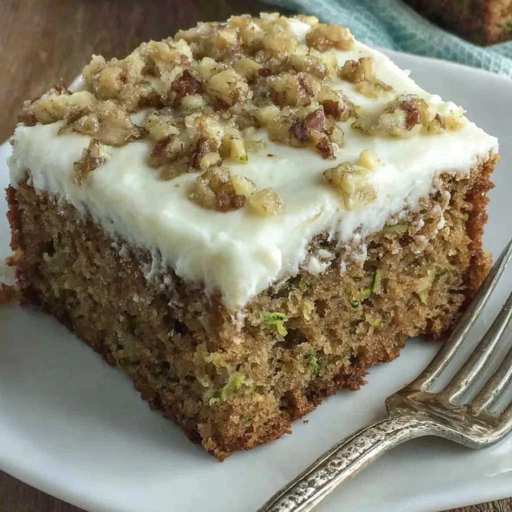 Slice of zucchini cake on a plate with fork