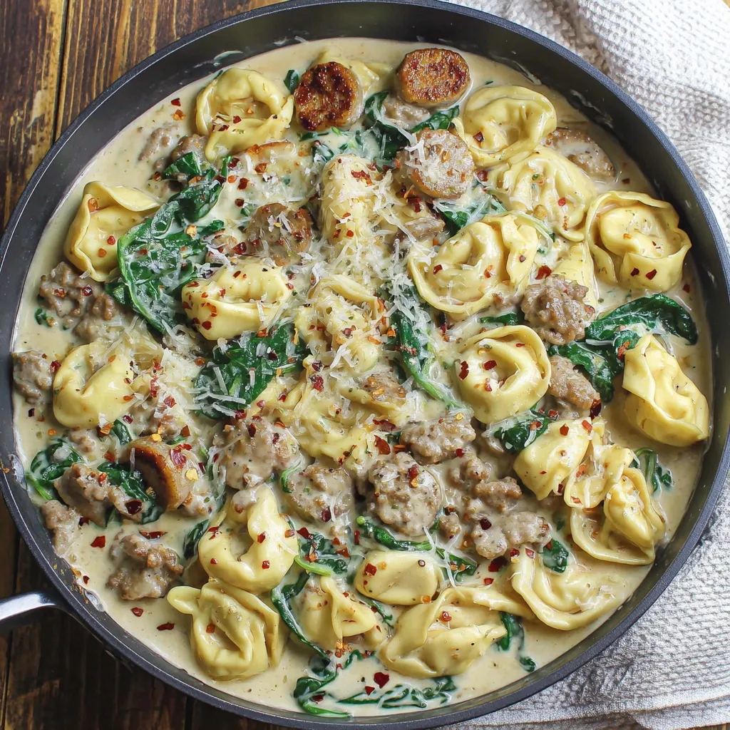 User provided content image close up of tortellini with spinach and sausage