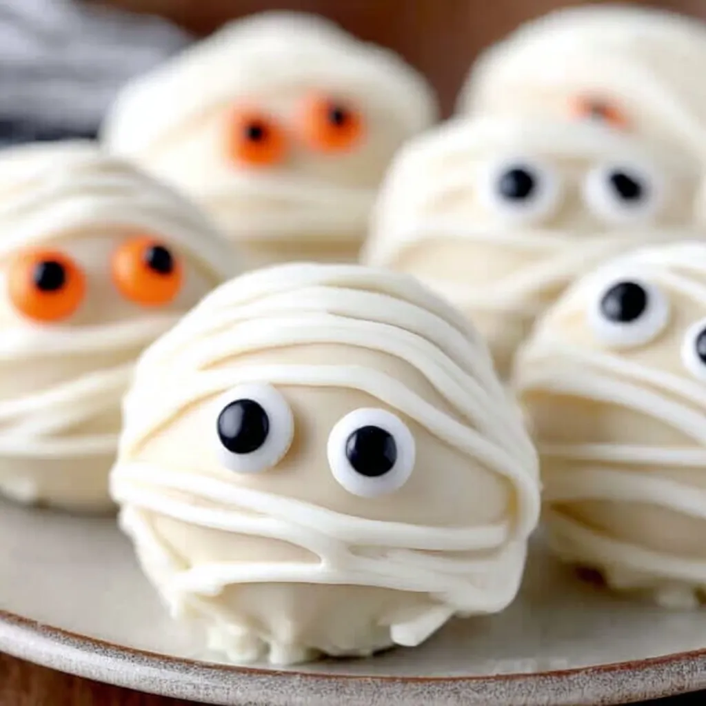 Dipping cake balls into melted white coating and adding candy eyes