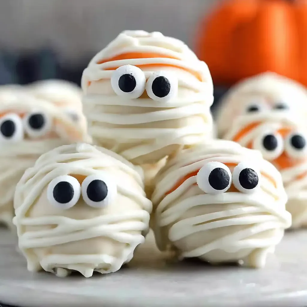 Finished mummy cake balls with white drizzle and candy eyes on a parchment-lined tray