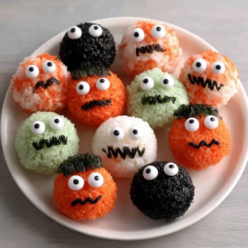 Halloween sushi balls decorated with edible eyeballs on a platter