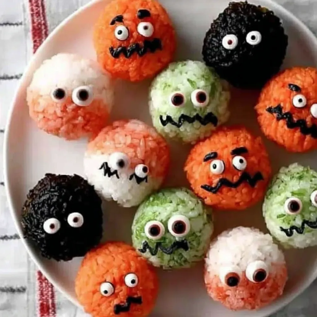 Close-up of sushi balls with colorful toppings and eyes