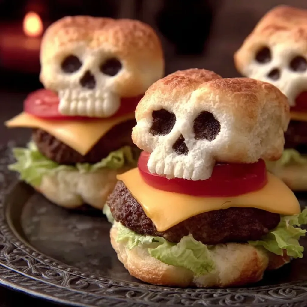 Assembled cheeseburger skulls with toppings bar