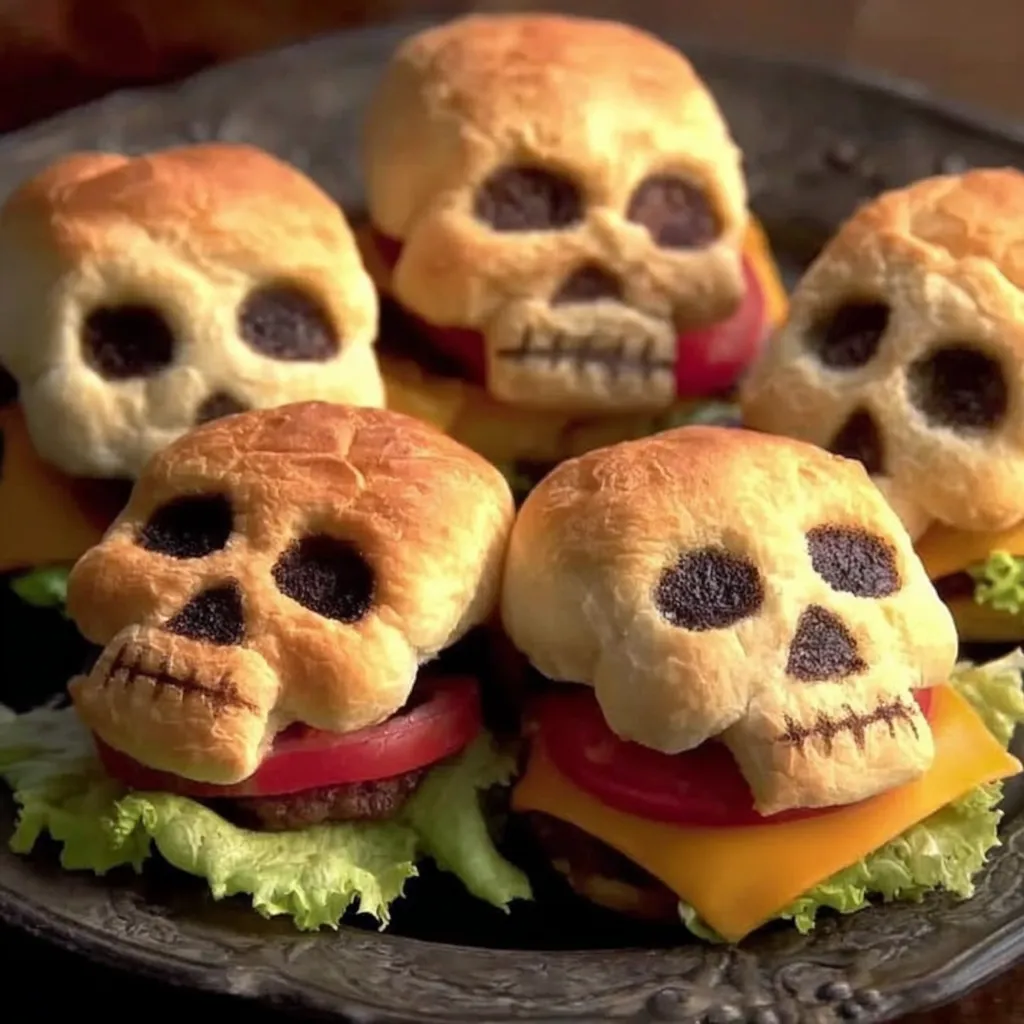 Close-up of skull buns showing detail and shiny buttered tops