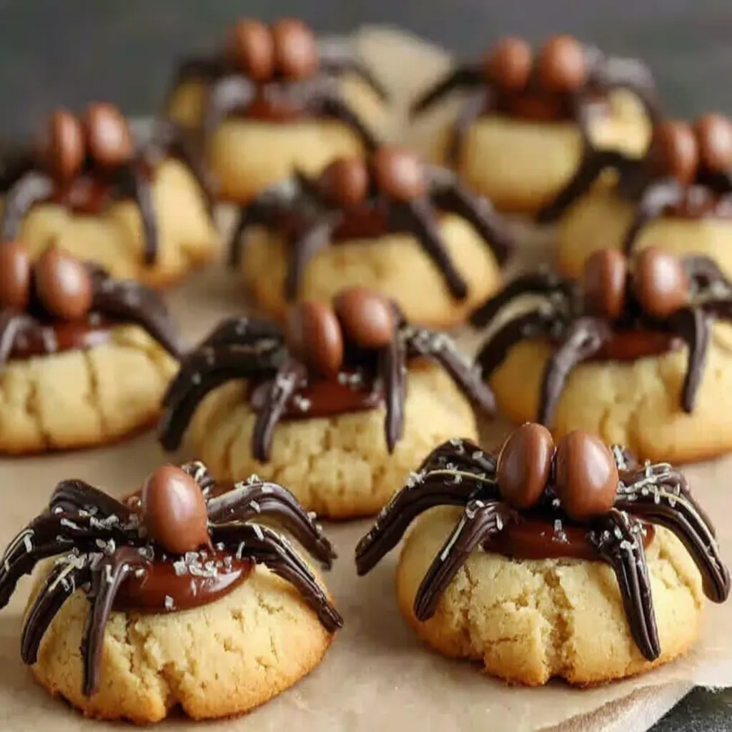 Close-up of spider cookie showing chocolate legs and icing eyes