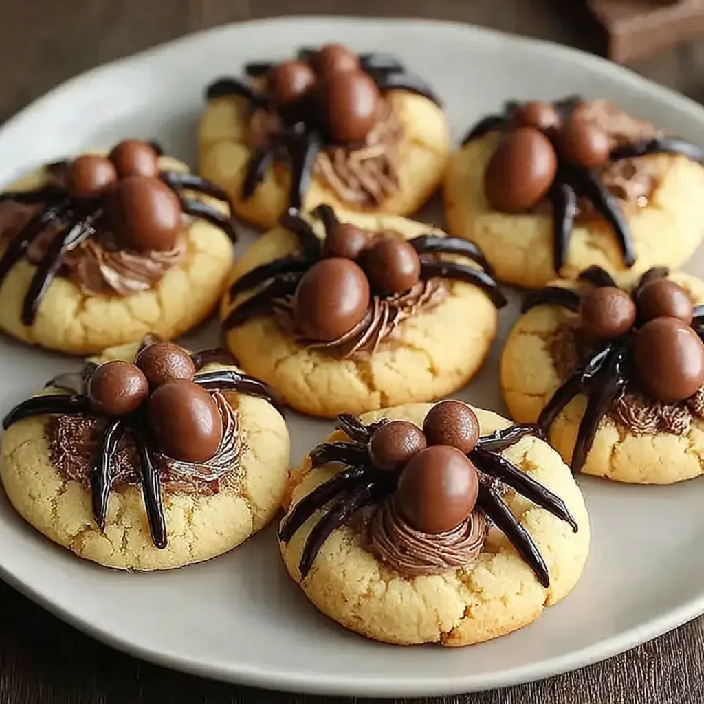 Hands decorating spider cookies with piped chocolate legs
