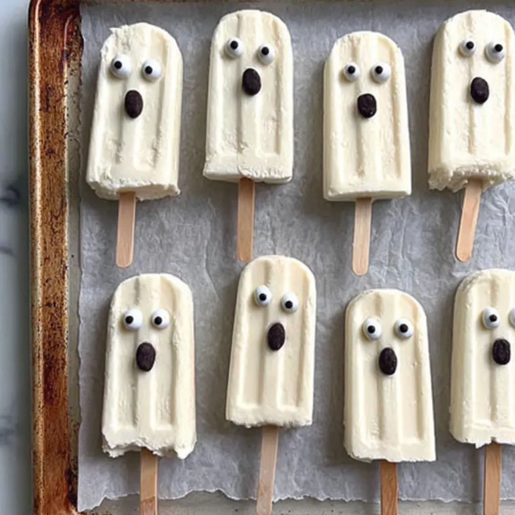 Yogurt-dipped boo-nana popsicles on a parchment-lined tray