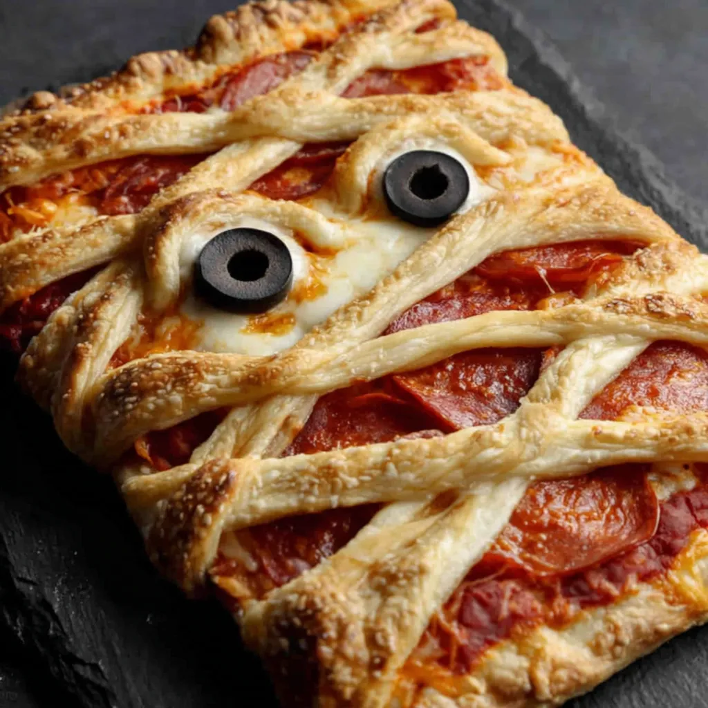 Slices of mummy pizza braid on a serving board with dipping sauce