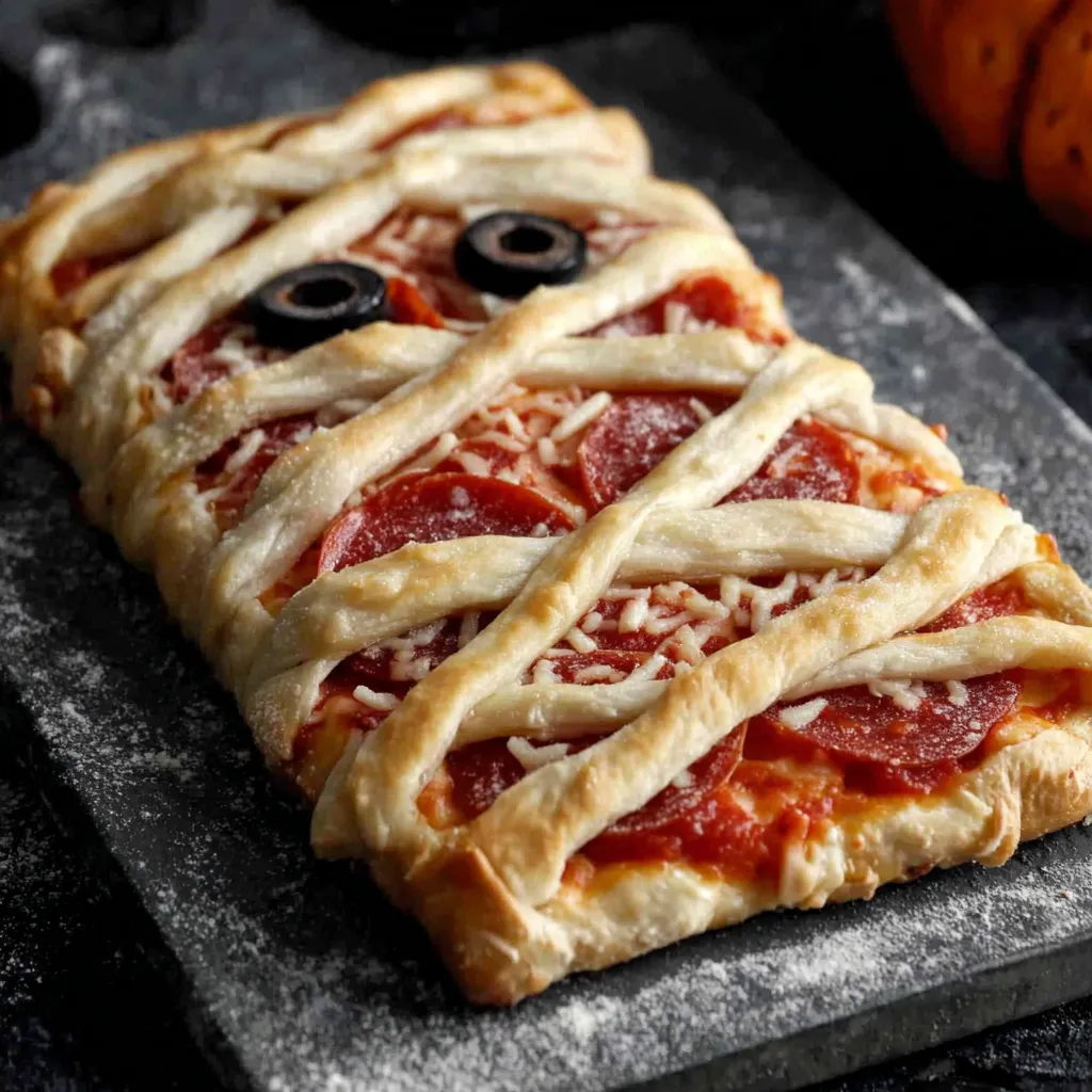 Close-up of braided pizza dough resembling mummy bandages with olive eyes