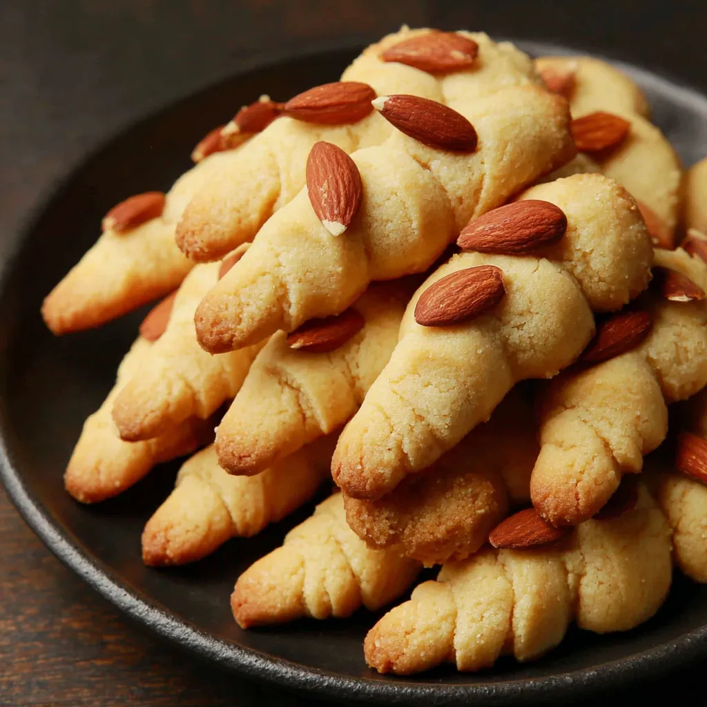 Shaped shortbread witches fingers on a baking sheet before baking