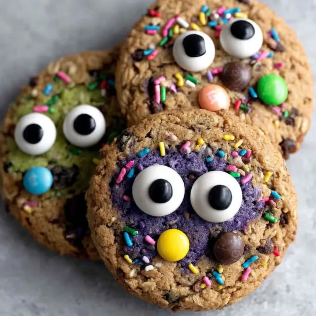 Small batch gooey monster cookies on a tray with candy eyes and sprinkles