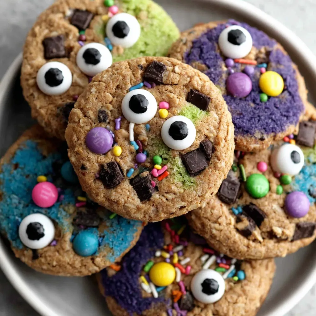 Decorated monster eye cookies with colorful sprinkles on a cooling rack