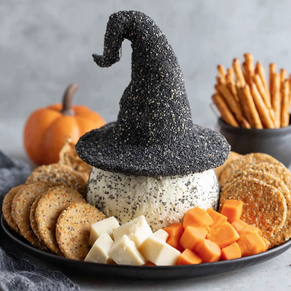 Witch hat cheese ball coated in poppy seeds on a platter with crackers