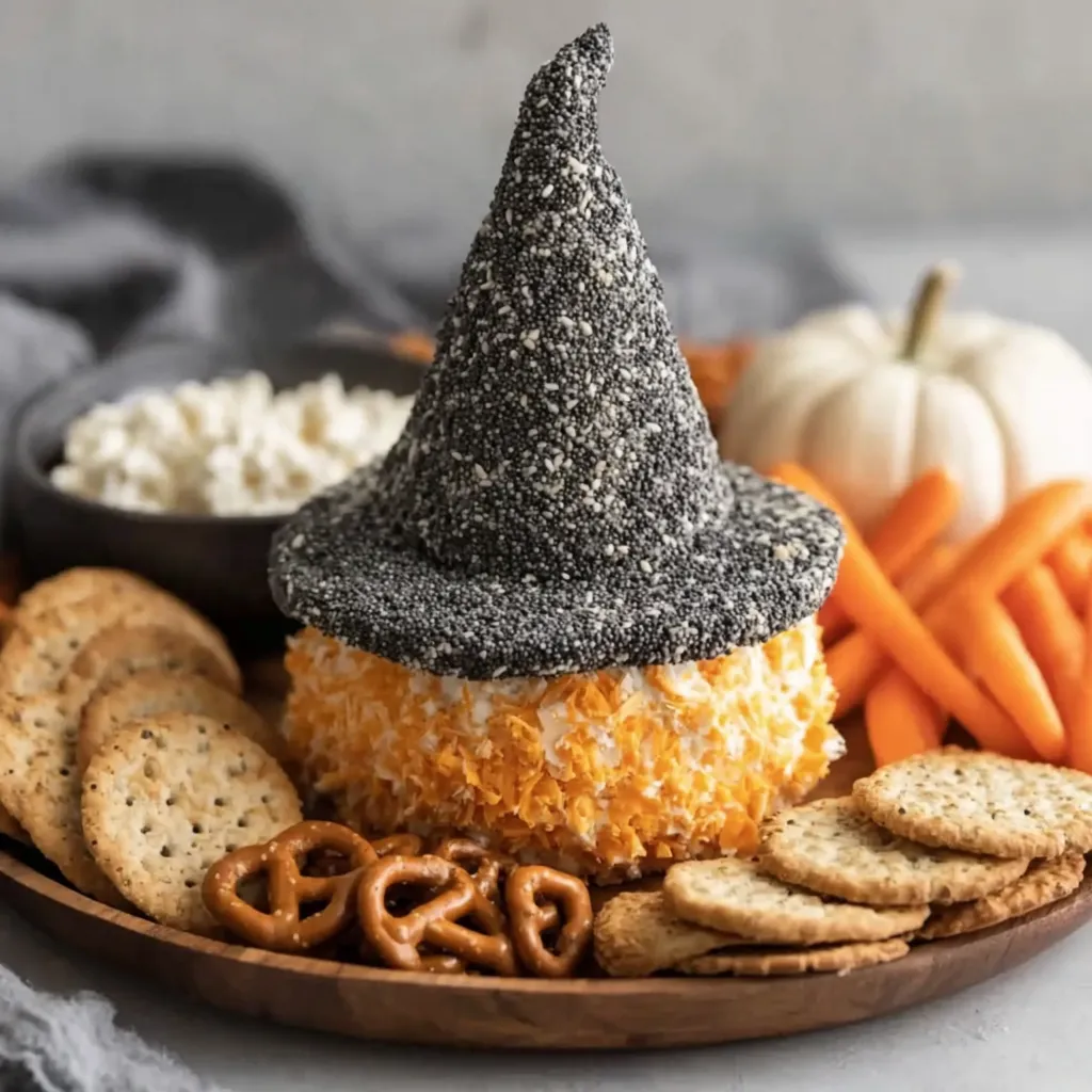 Shaping a witch hat cheese ball cone and brim on plastic wrap