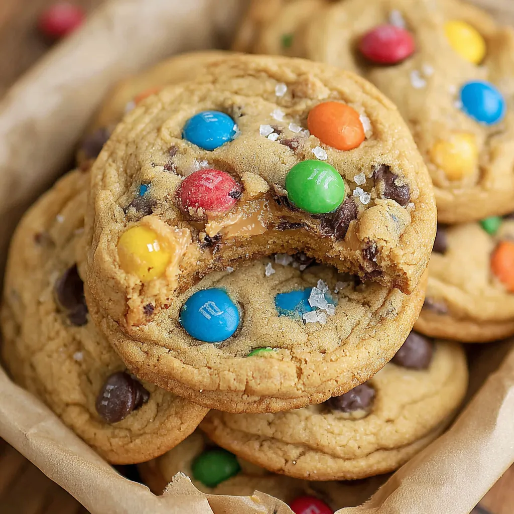 Stack of peanut butter M&M cookies on a plate with scattered candies
