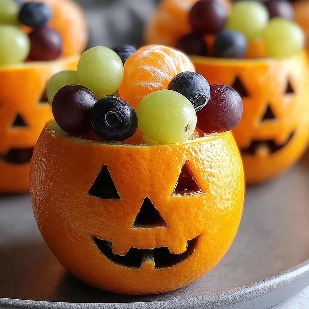 Close-up of orange jack-o-lantern cups on a party table