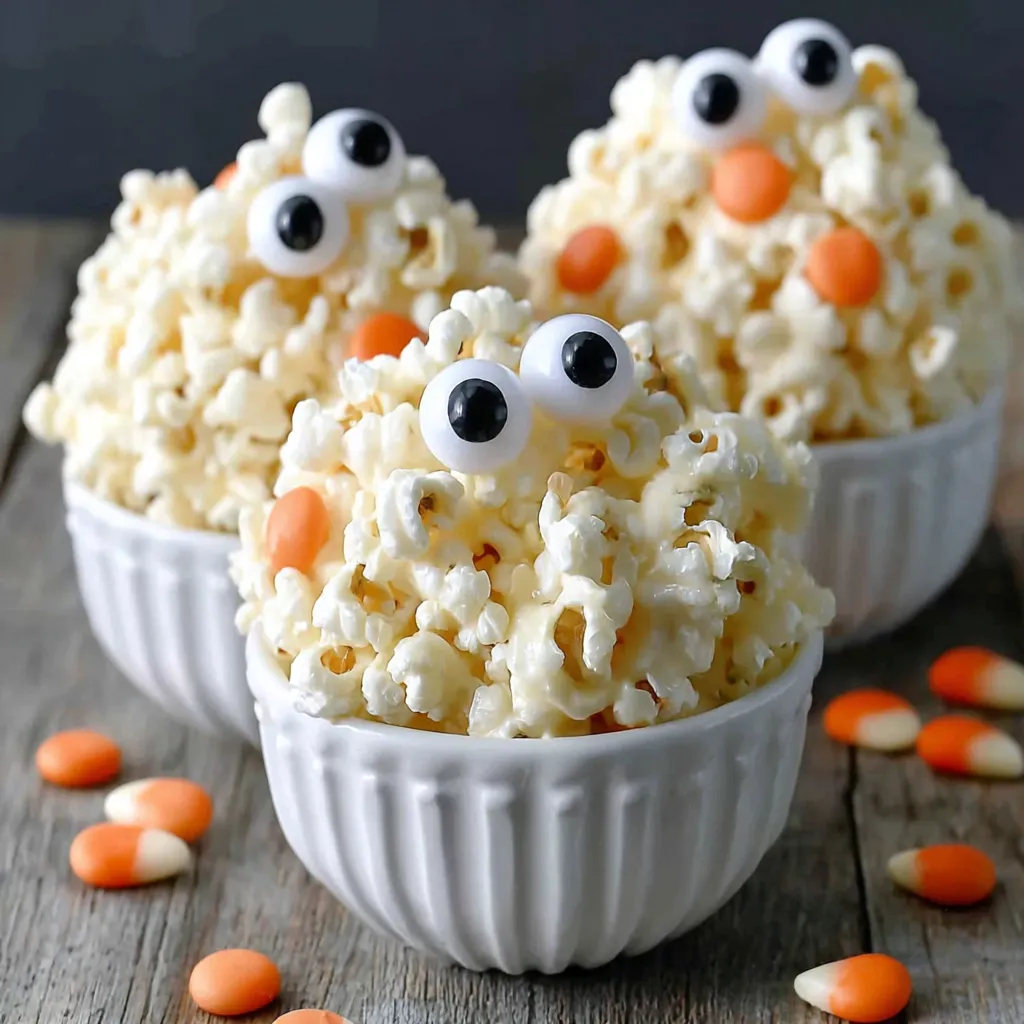 Halloween popcorn balls dipped in white candy melts with candy eyes