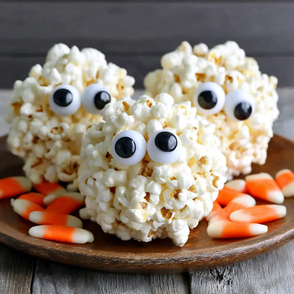 Close-up of marshmallow-coated popcorn balls with candy eyes
