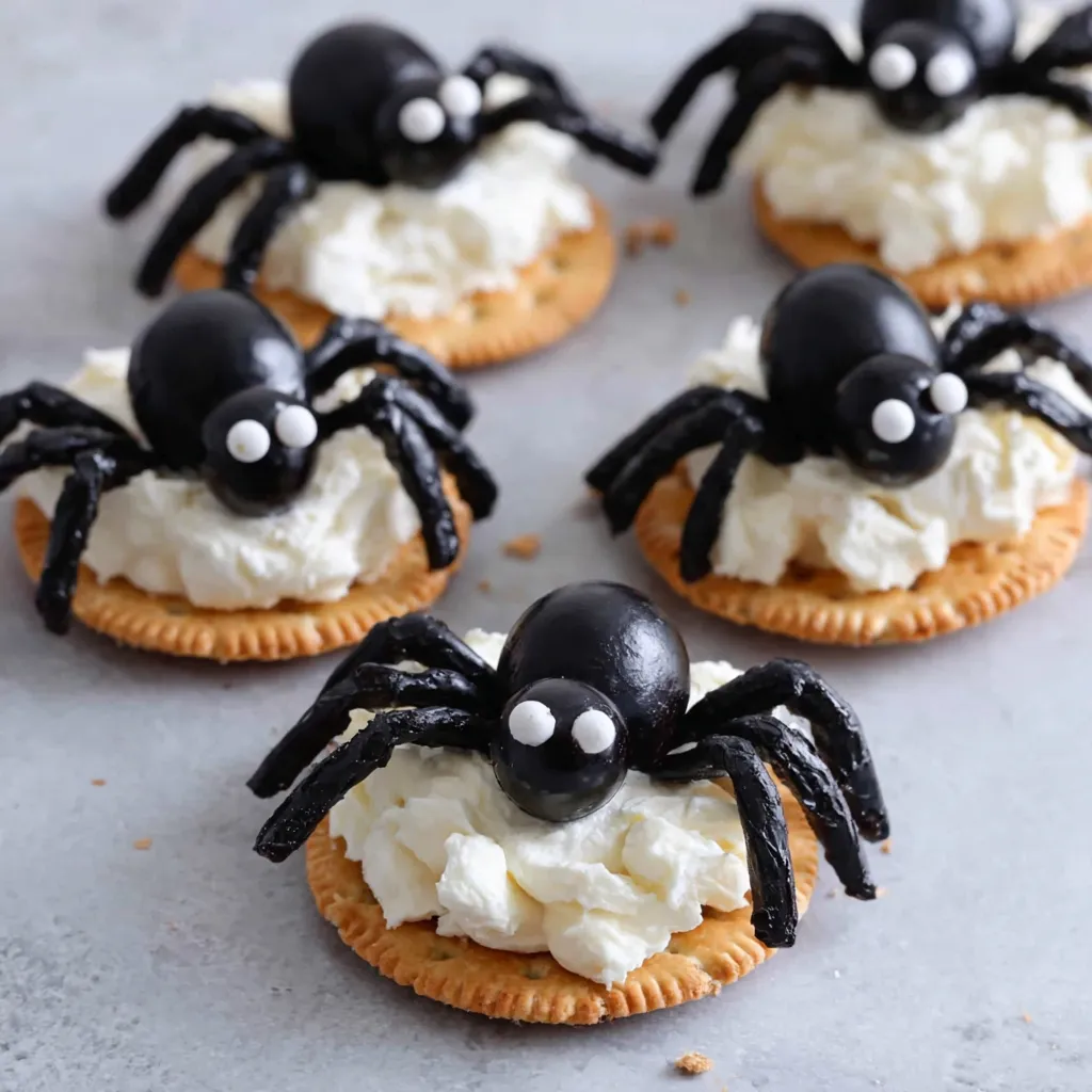 Close-up of olive spider details on cream cheese crackers
