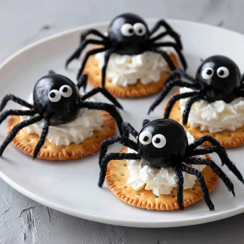 Halloween party spread with themed snacks including spider crackers