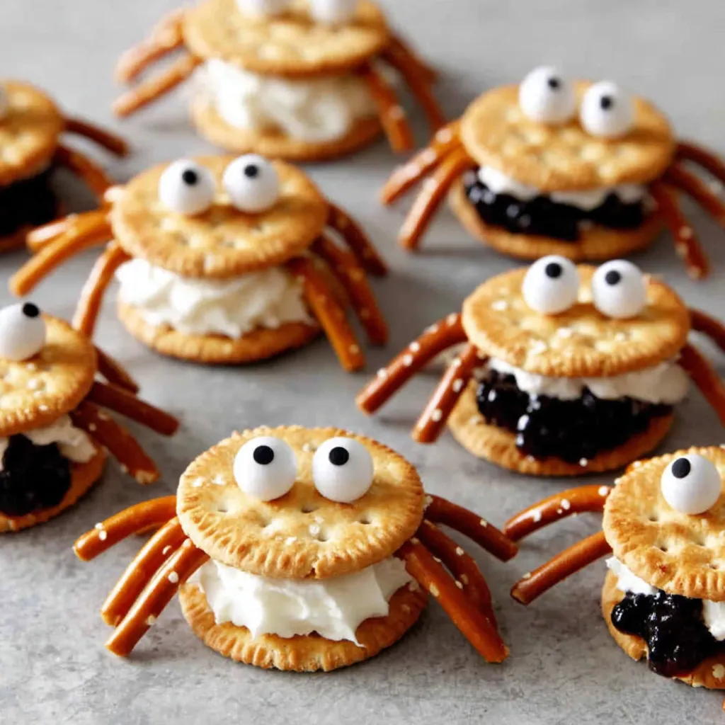 Hands assembling spider cracker sandwiches with pretzel legs on a parchment-lined tray