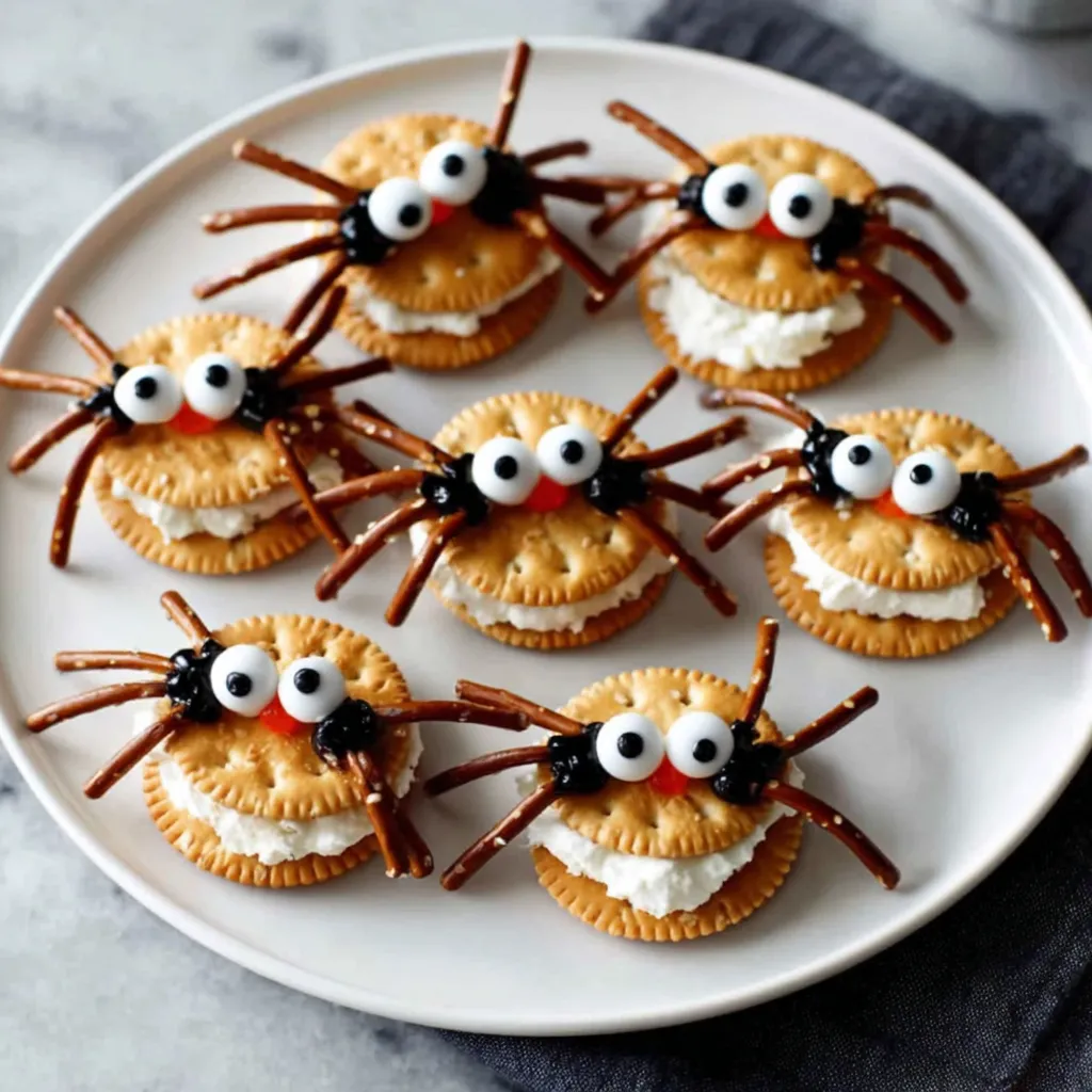 Party snack board featuring spider-themed cracker sandwiches, fruit, cheese, and pretzels