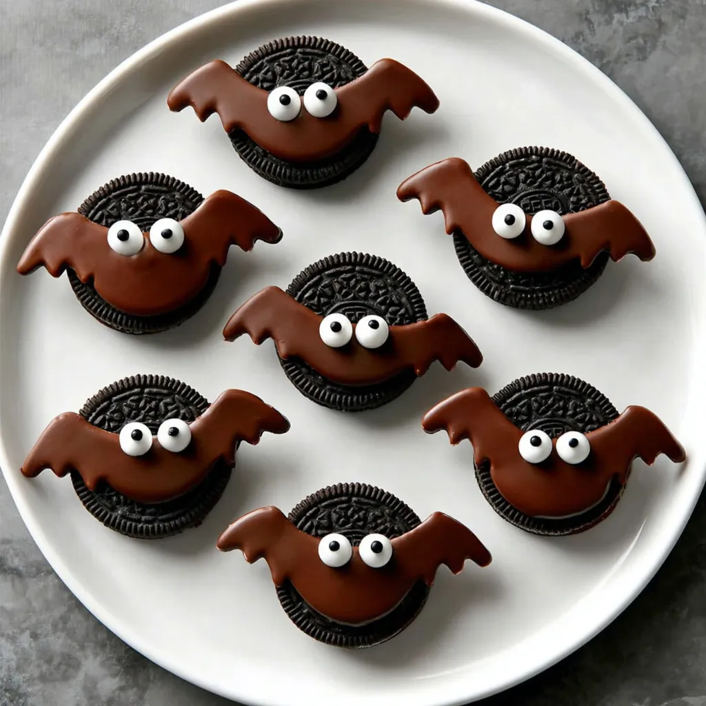 Close-up of chocolate-dipped Oreo bats with candy eyes on parchment