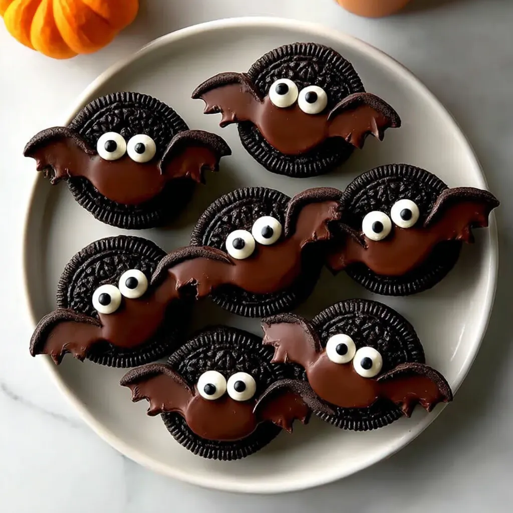 Hands assembling Oreo bat cookies by inserting wings and adding eyes