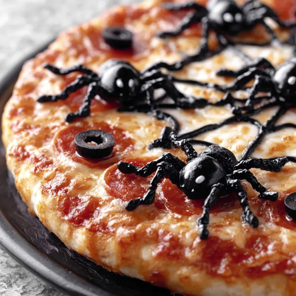 Halloween pizza on table with decorations and serving slices