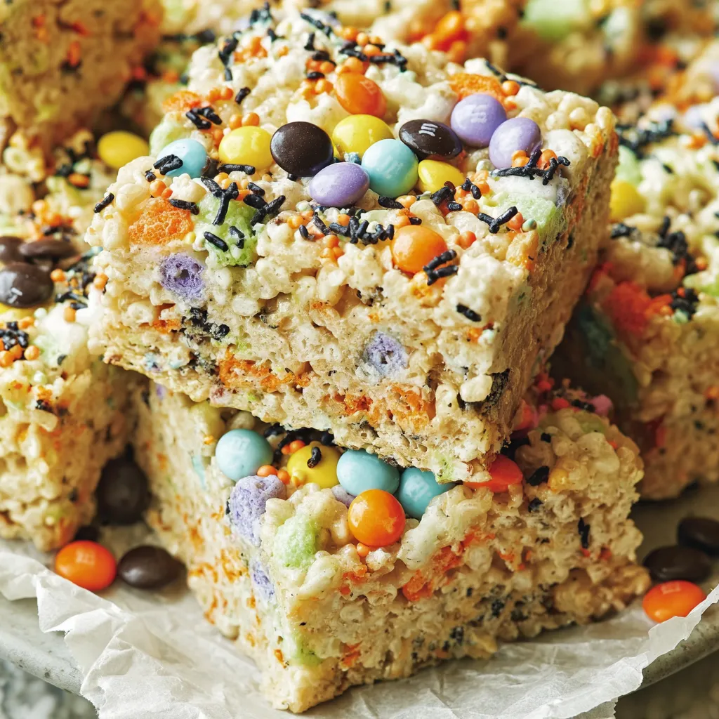 Gooey Halloween Rice Krispie Treats pressed in a 13x9-inch pan with colorful candies and sprinkles