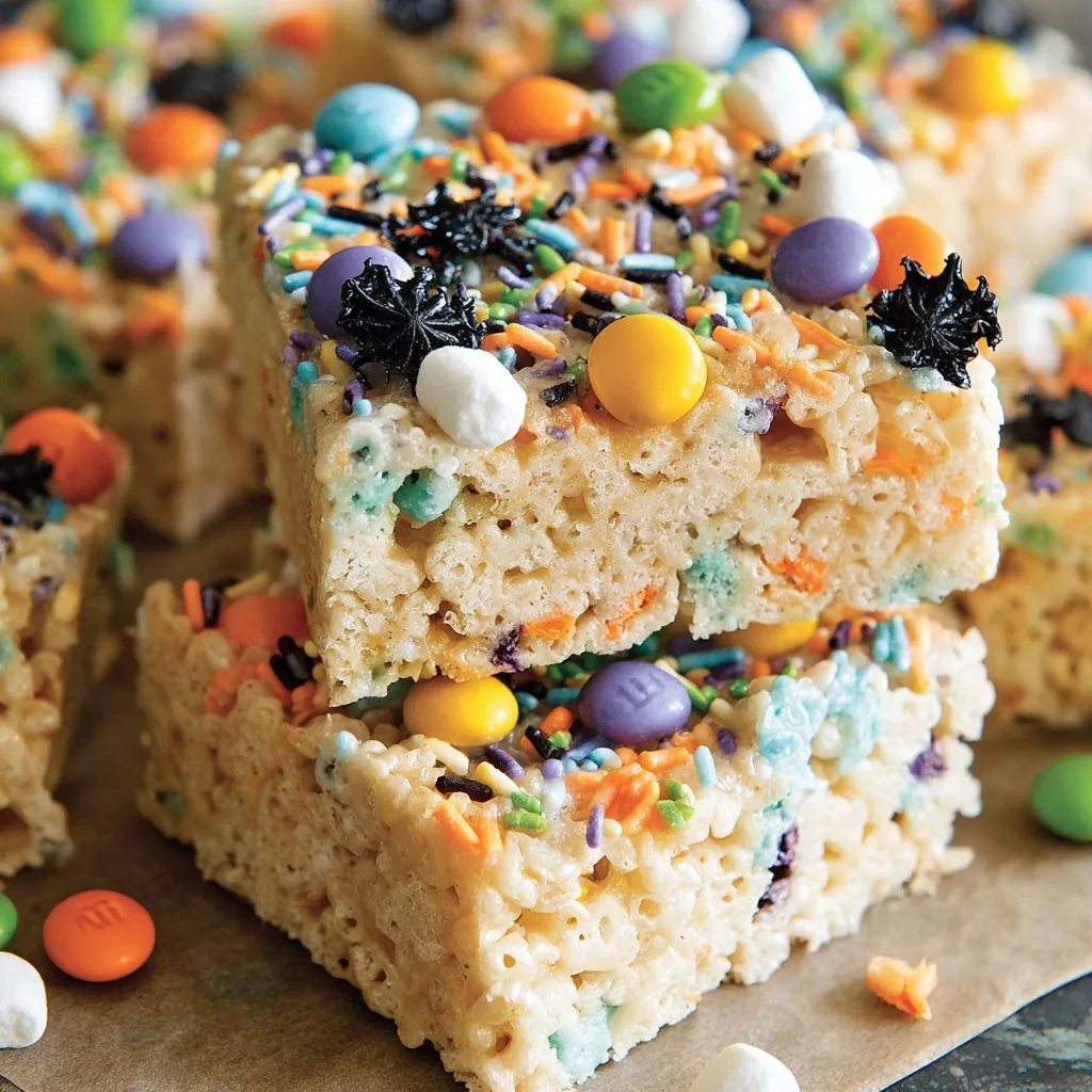 Stacked Halloween Rice Krispie Treats with festive sprinkles and M&Ms