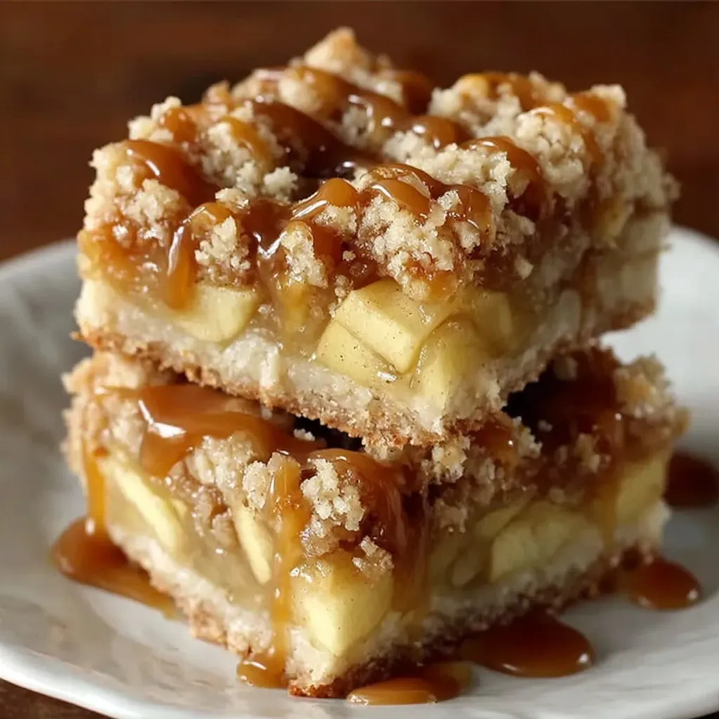 Close-up of apple crumble bars showing buttery layers and caramel drizzle