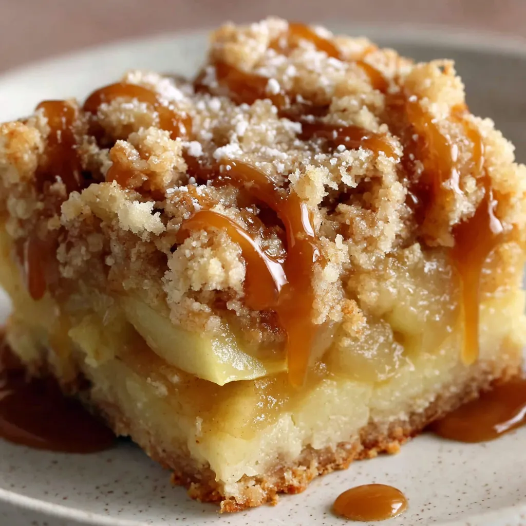 Apple crumble bar squares on a serving board with cider