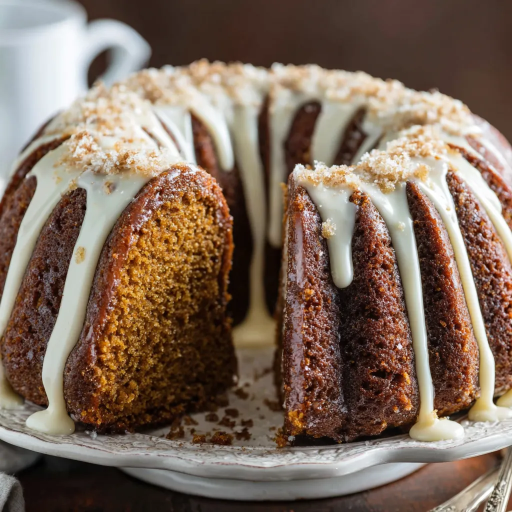 Sliced gingerbread Bundt on a platter with vanilla glaze
