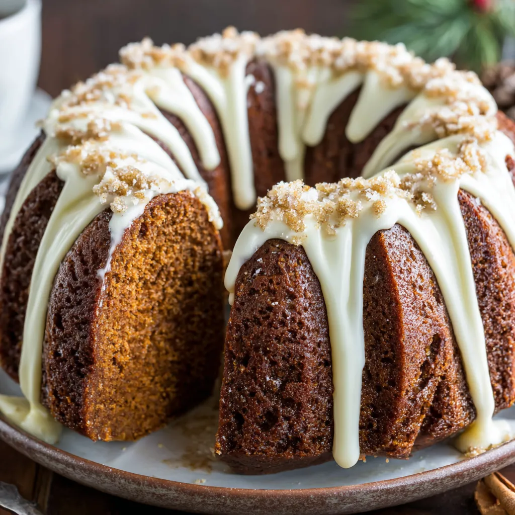 Close-up of vanilla glaze drizzled over gingerbread Bundt ridges