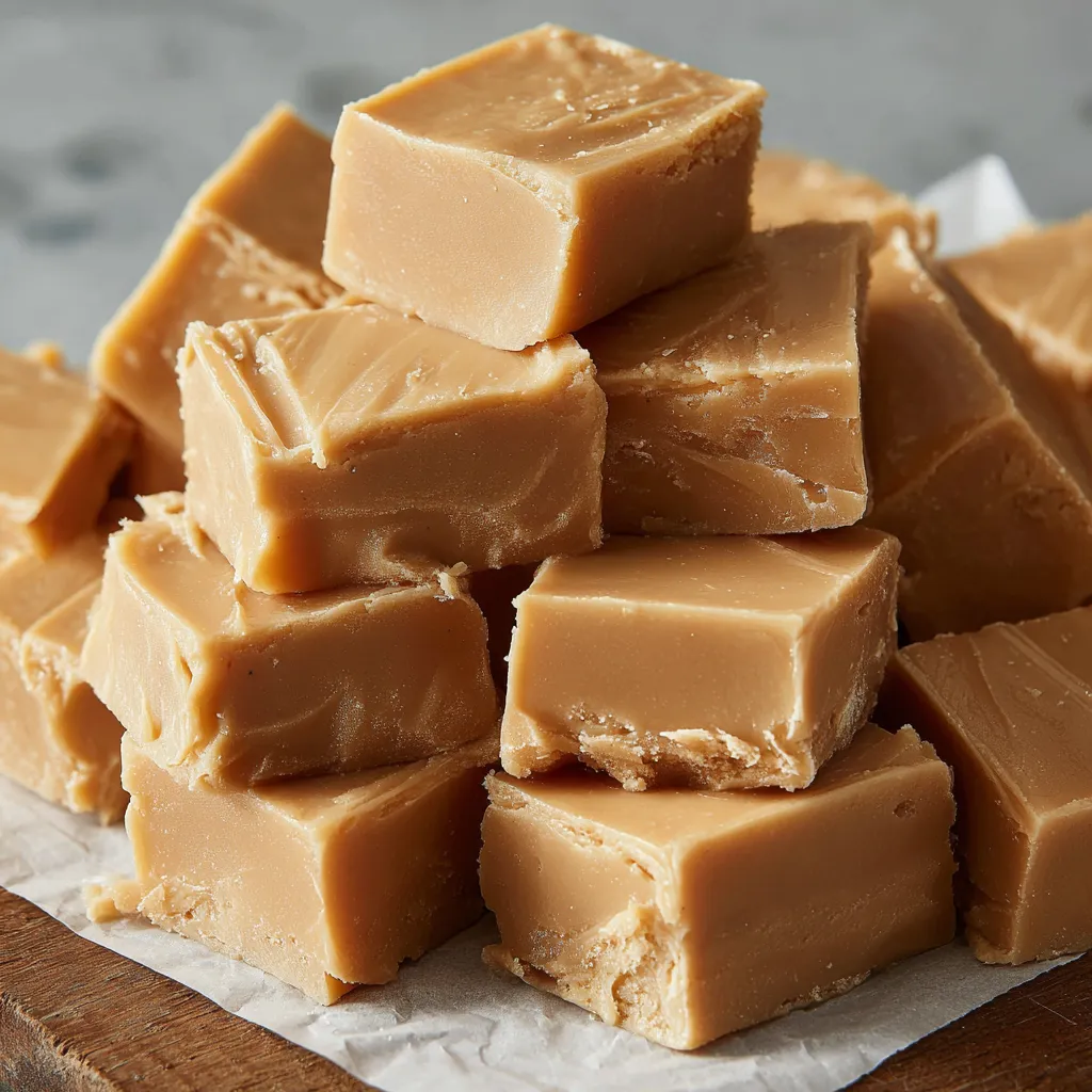 Close-up of smooth peanut butter fudge with flaky salt