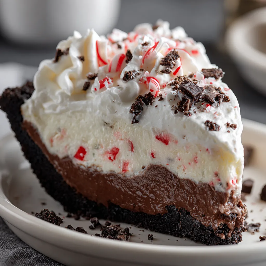 Slice of peppermint cream pie on plate with chocolate shavings
