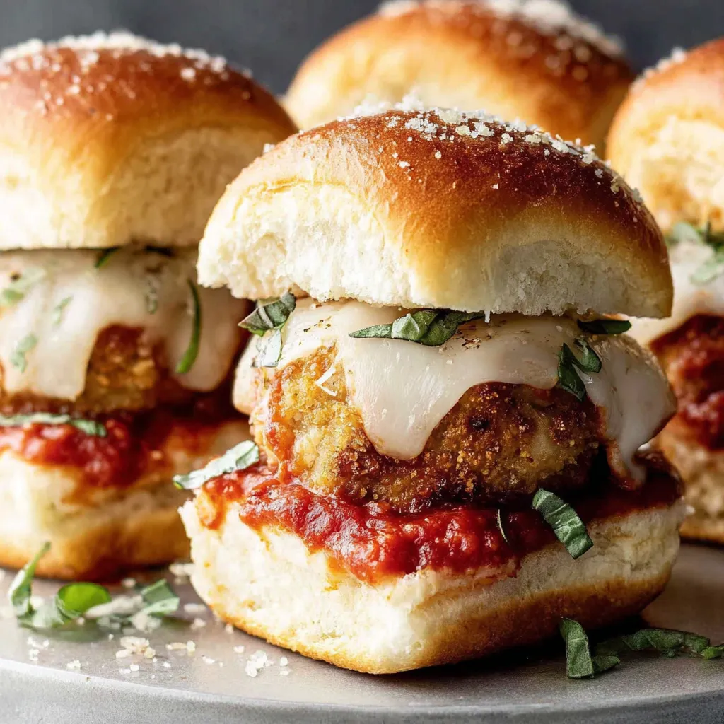 Close-up of chicken Parmesan meatballs topped with marinara and basil