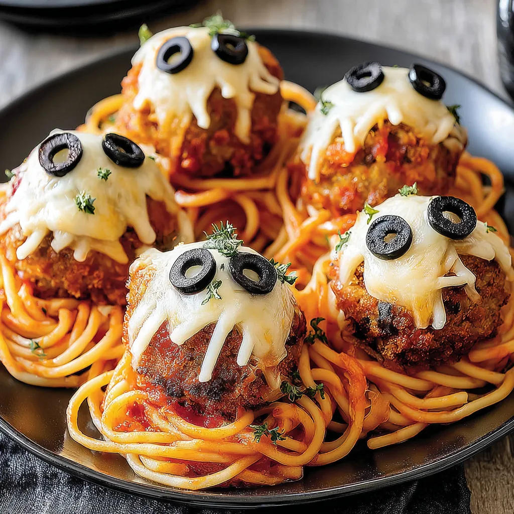 Close-up of cheese-stuffed meatballs with olive eyes on sauced spaghetti